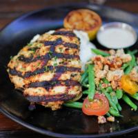 Grilled Lemon Chicken Meal · marinated + grilled boneless chicken breasts, mashed potatoes, sautéed green beans, heirloom...