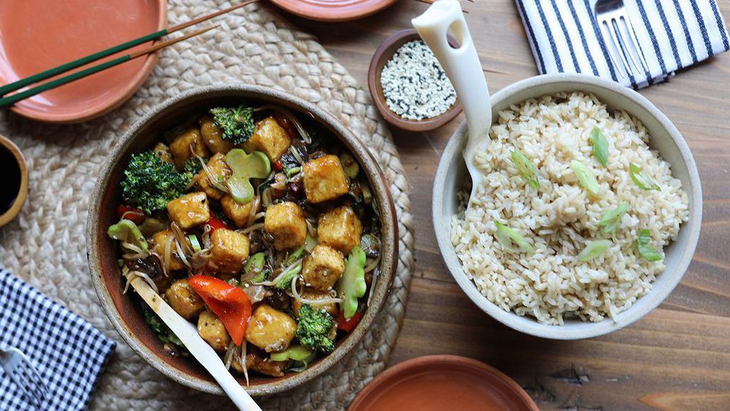 Teriyaki Tofu Meal · A family-style serving of our vegetarian teriyaki tofu wok made with tofu, mushrooms, bean sprouts, bell peppers, broccoli, onions, sesame seeds – served with choice of white or brown steamed rice.