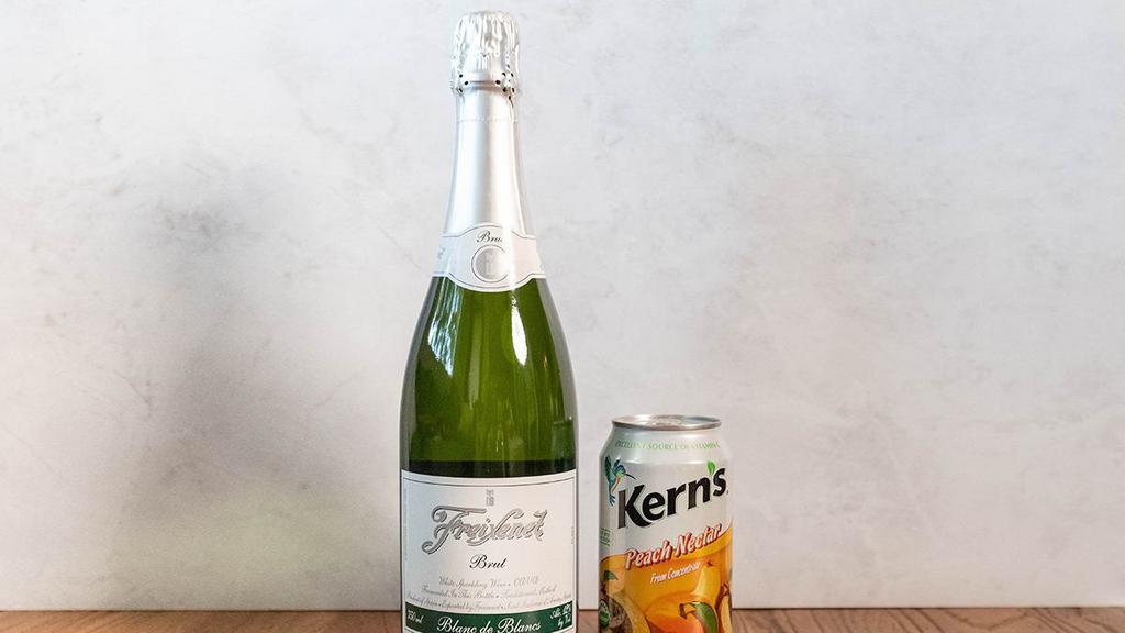 Diy Peach Bellini · 750ml bottle of Freixenet brut with fresh peach juice. Must be 21 or over to purchase alcohol. You will be carded upon delivery of the order. By ordering these items you are confirming you are over 21 years old. Must be purchased with food..