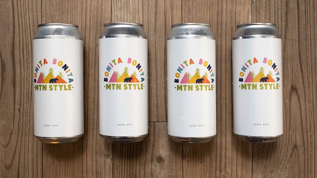 Bonita, Bonita 4Pk-16Oz (5.5% Abv) · 4, 16oz cans of our Bonita, Bonita Mountain Style Pale Ale: dark yellow, hazy, mountain-style pale ale [abv 5.5%]. Must be 21 or over to purchase alcohol. You will be carded upon delivery of the order. By ordering these items you are confirming you are over 21 years old. Must be purchased with food.