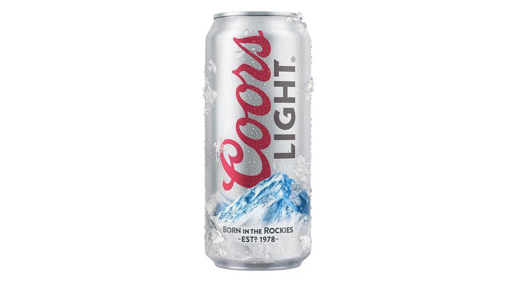 Coors Light, 24 oz Can (4.2% ABV) · Crisp and refreshing American style light pilsner [4.2% abv]. Must be 21 or over to purchase alcohol. You will be carded upon delivery of the order. By ordering these items you are confirming you are over 21 years old. Must be purchased with food.
