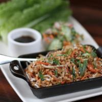 Chicken Lettuce Wraps · chicken breast, water chestnuts, peanuts, carrots, sesame soy sauce, pickled cucumbers, roma...