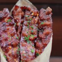Bacon Candy · bacon baked with brown sugar, crushed red pepper chili flakes, black pepper [250 cal].