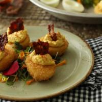 Crispy Deviled Eggs · lightly fried, topped with smoked paprika + bacon candy [750 cal] .