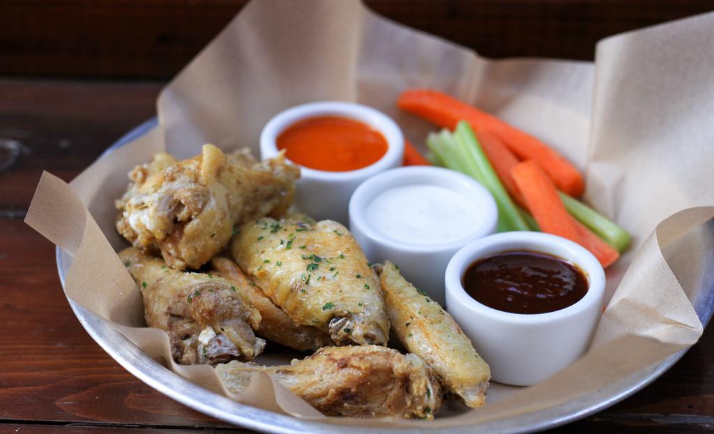 Crispy Wings · celery, carrots, with blue cheese, BBQ + high altitude hot sauces [1830 cal] .