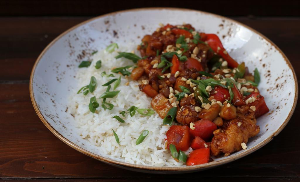 Kung Pao Bowl · onions, bell peppers, water chestnuts, peanuts