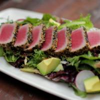 Seared Ahi Tuna Salad* · line caught, seared-rare furikake crusted yellowfin tuna, field greens, carrots, radish, avo...