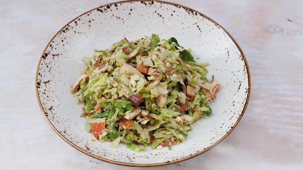 Cobb Salad · shredded chicken breast, tomatoes, avocado, blue cheese crumbles, smoked bacon, hard-boiled egg, blue cheese balsamic dressing [920 cal] .