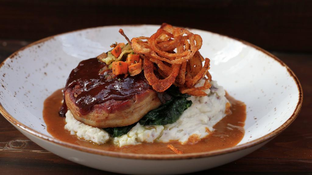 Bbq Bison Meatloaf · all-natural durham ranch grass-raised wyoming bison, smoked bacon, red skin potato mash, sautéed spinach, haystack onions [1200 cal] .