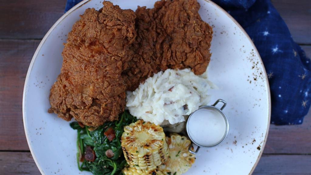 Fried Chicken Dinner · hand-dipped buttermilk boneless chicken breast, red skin potato mash, white gravy, spiced maple syrup, sautéed spinach with smoked bacon [1590 cal] .