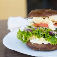 Egg Salad Bagel · Tomato, onion, cucumber, sprout, and lettuce.
