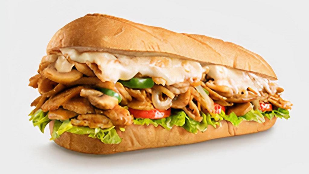 Chicken Philly · The Chicken Philly Cheesesteak is made just for chicken lovers. This cheesesteak features chicken seasoned just right and grilled with fresh green peppers, savory onions, and sliced mushrooms. We top the Chicken Philly with smooth, melted provolone cheese and serve it on our signature toasted roll. We love steak, but this chicken cheesesteak gives the Steak Philly a run for its money. All cheesesteaks come with optional creamy mayonnaise, juicy tomato, shredded lettuce, and crispy pickle. The Chicken Philly pairs perfectly with the not-too-sweet, not-too-tart taste of Original Real-Fruit Lemonade.
