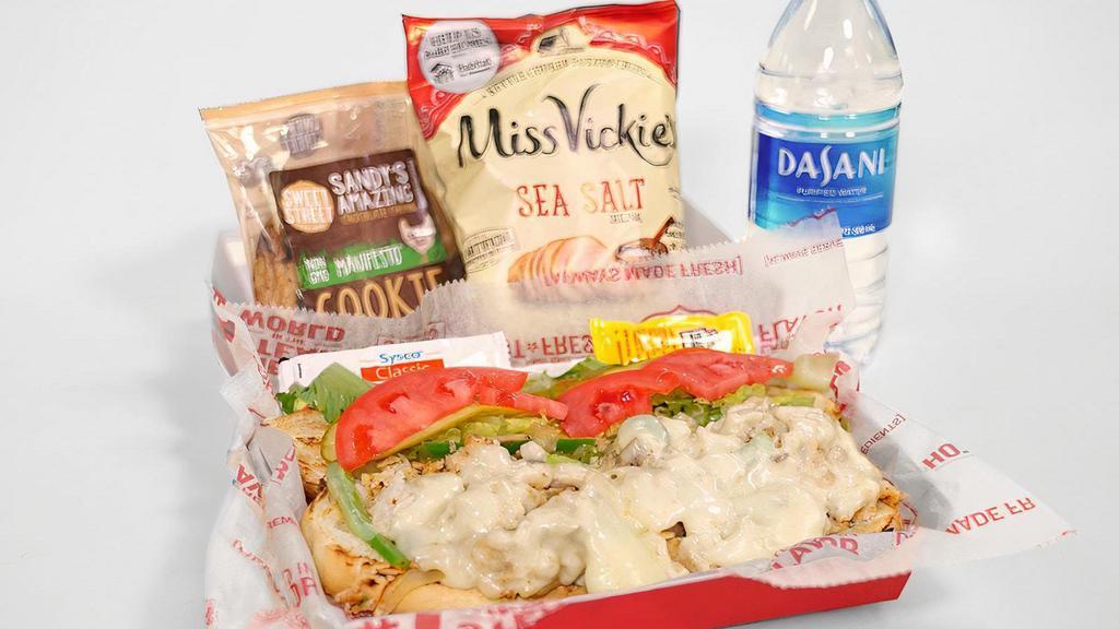Chicken Cheesesteak Boxed Meal · Charleys Chicken Cheesesteak Boxed Meal includes a chicken cheesesteak (grilled chicken, melted provolone cheese, mushrooms, onions, and green peppers). Lettuce, tomato, mayonnaise, and mustard packets are provided on the side. . Consider adding Miss Vickie's Chips, Dasani bottled water, and a Chocolate Chunk Cookie to complete your meal.