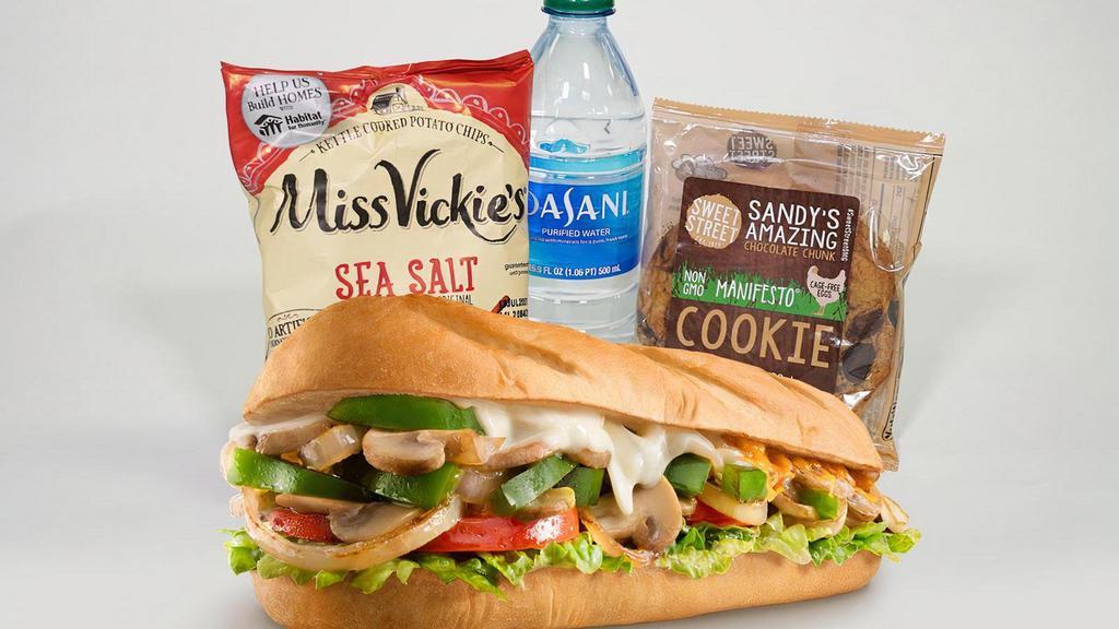 Veggie Cheesesteak Boxed Meal · Charleys Veggie Cheesesteak Boxed Meal includes a veggie cheesesteak (melted provolone cheese, grilled mushrooms, onions, and green peppers). Lettuce, tomato, mayonnaise, and mustard packets are provided on the side. . Consider adding Miss Vickie's Chips, Dasani bottled water, and a Chocolate Chunk Cookie to complete your meal..