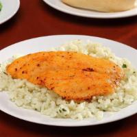 Baked Fish · Sweet, tender, and lightly seasoned. Served on a bed of rice.