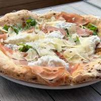Doppio Zero Pizza · Burrata cheese, 24 months, Prosciutto di Parma, arugula, shaved Parmigiano Reggiano, Evo