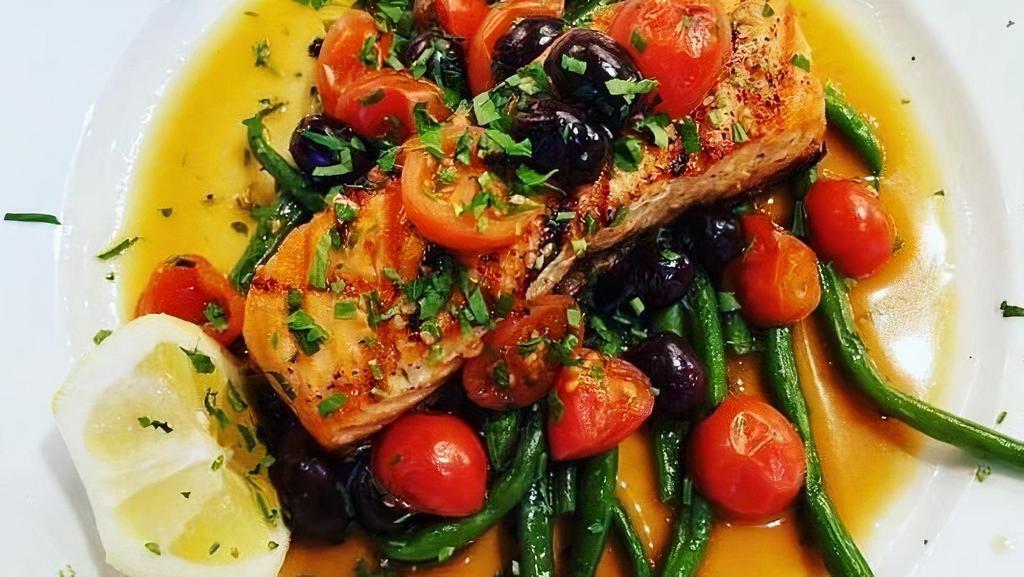 Salmone Alla Griglia · Fresh grilled salmon, in guazzetto sauce, served with fresh vegetables