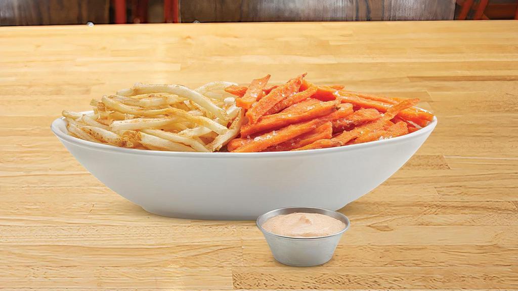 Fries + Sweet Potato Fries · horseradish aioli