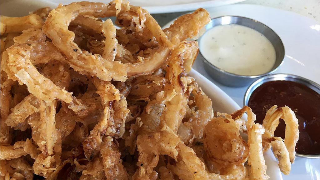 Fried Onion Strings · hickory bbq sauce • country buttermilk ranch