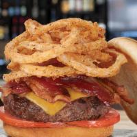 Bacon Bbq · all-natural beef* • tillamook cheddar • applewood smoked bacon • tomatoes • fried onion stri...