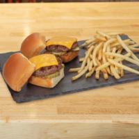Mini Cheeseburgers · plate of two, cooked well-done. American cheese + pickles