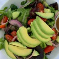 House Salad · Cherry tomatoes, red pickled onions, avocado, and cucumbers tossed with a balsamic raspberry...