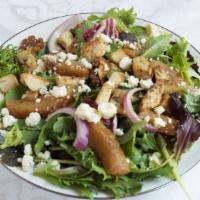 Pear & Walnut Salad · Choose spring mix or baby spinach with roasted pears, gorgonzola, red onions, candied chipot...