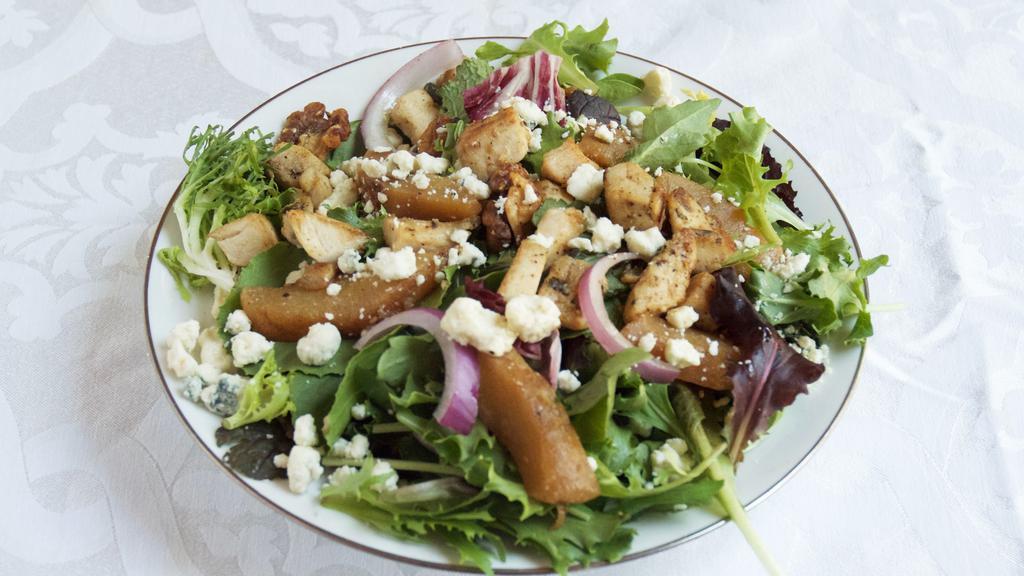 Pear & Walnut Salad · Choose spring mix or baby spinach with roasted pears, gorgonzola, red onions, candied chipotle walnuts, and raspberry balsamic.