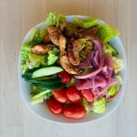 Grilled Chicken Salad · Grilled chicken, romaine lettuce, tomato, cucumber, and onion.