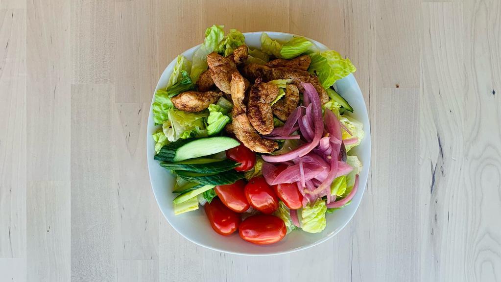 Grilled Chicken Salad · Grilled chicken, romaine lettuce, tomato, cucumber, and onion.