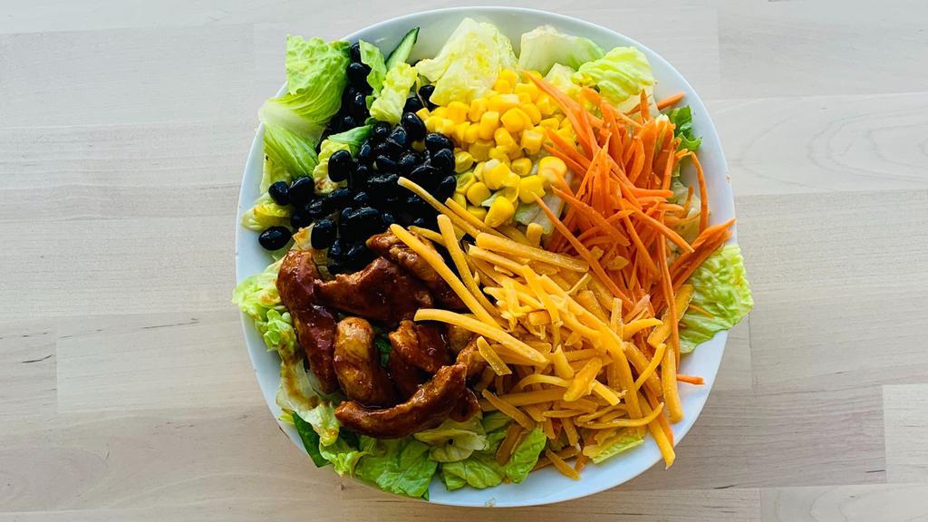 BBQ Chicken Salad · Black beans, corn, shredded carrots, shredded cheese.