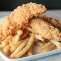 Chik'n Tenders & Fries · Choice of three or five pieces of chicken tender fritters and seasoned fries with choice of ...