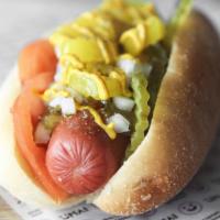 Chicago Chopper · Our tribute to the Chicago style dog! 100% Angus beef dog topped with sweet relish, dill pic...