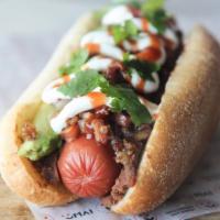 Dirty Dog · 100% Angus Beef topped with bacon, caramelized onions, pico de gallo, Tapatio ketchup, mayo,...