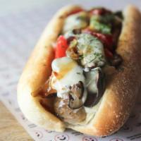 Philly Me Up · Italian sausage, Swiss cheese, shiitake mushrooms, bell peppers, caramelized onions, and Uma...