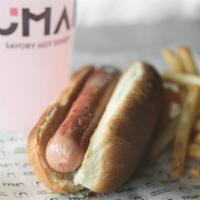 Kid'S Junior Dog Combo · Junior sized hot dog with side of fries and choice of kid's fountain drink or juice box.