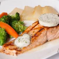 Grilled Salmon · Topped with Herb Butter.