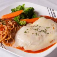 Chicken Parmigiana · Baked Chicken Breast Baked with Parmesan Cheese and Light Marinara Sauce. Served with Pasta ...