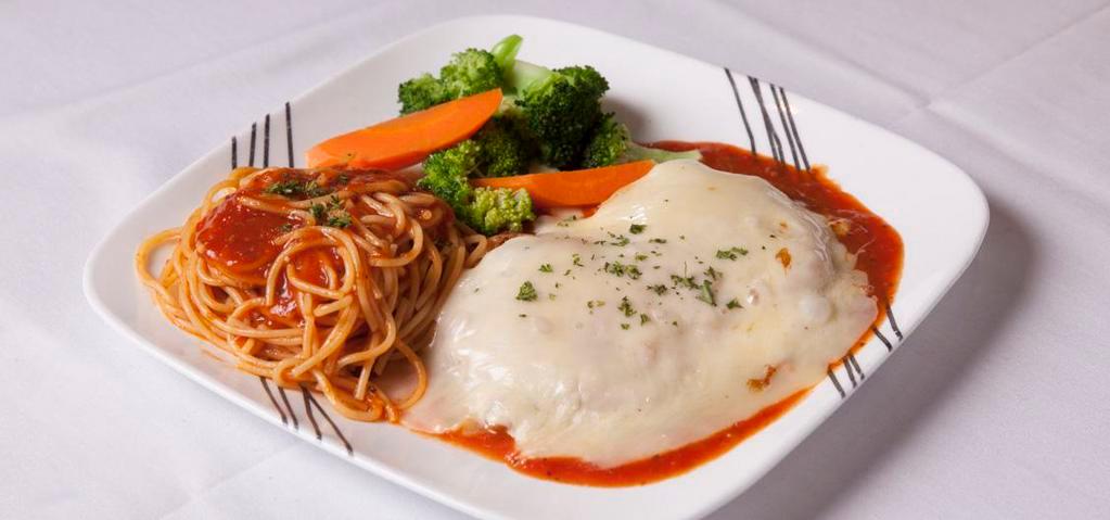 Chicken Parmigiana · Baked Chicken Breast Baked with Parmesan Cheese and Light Marinara Sauce. Served with Pasta in Light Marinara and Vegetables du jour.