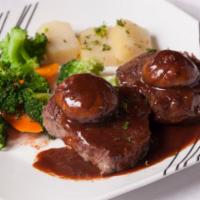Filet Mignon Medallions · Certified Angus Beef Served atop Crostini and Topped with Sautéed Mushroom Cap with Red Wine...