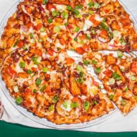 BBQ Chicken (Personal (4 Slices) (150-220 Cal./Slice) · Chicken, bacon, cheddar, tomatoes and red and green onions on BBQ ranch sauce, topped with s...