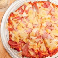 Hawaiian Pizza · Island style pizza. Tender ham and juicy pineapple on zesty red sauce.