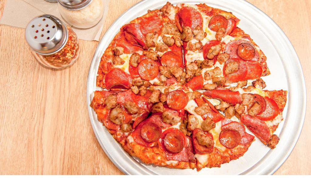 Original Montague's All Meat Marvel® (Small) · Four Marvelous Meats An Absolute Meat Fest! Italian sausage, pepperoni, salami, linguica on zesty red sauce.