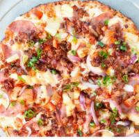 Maui Zaui with Ham (Personal) · The original polynesian pizza ham, crisp bacon, juicy pineapple, tomatoes, red, and green on...