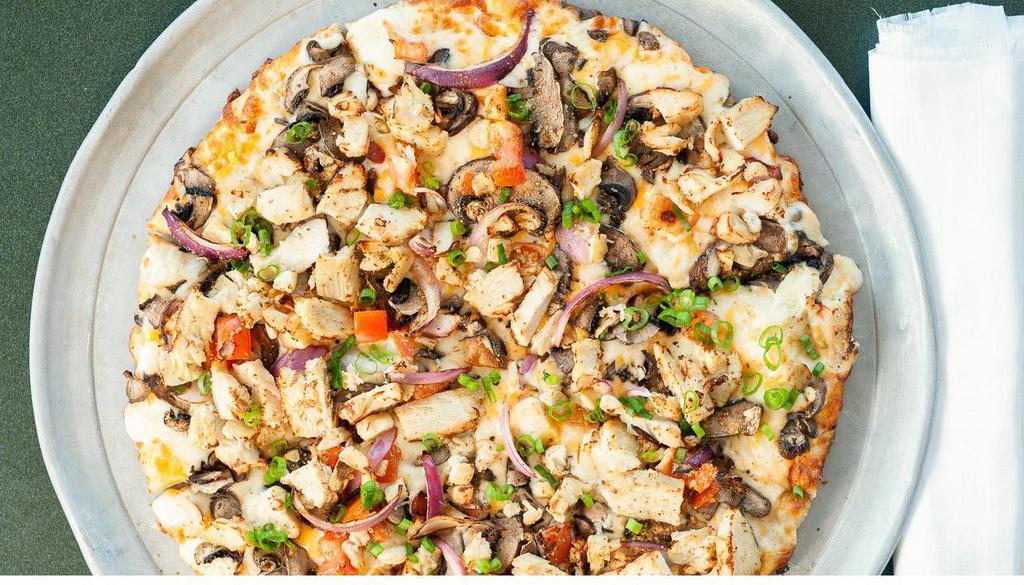 Chicken & Garlic Gourmet (Personal) · The original chicken and white sauce pizza! Grilled white meat chicken, garlic, mushrooms, tomatoes, red, and green onions, Italian herb seasoning.