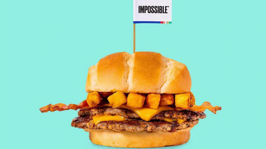Impossible™ Chris Style · Smashed crispy Impossible™ patty with house seasoning, American cheese, bacon, topped with crinkle fries
