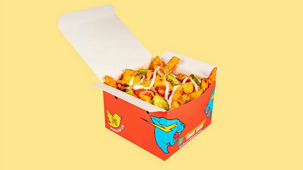 Beast Style Fries  · Seasoned crinkle fries loaded with caramelized onions, American cheese, pickles, mayo, ketchup and mustard