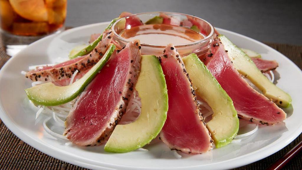 Tunacado* · Seared ahi tuna served with fresh sliced avocado and creamy tataki dipping sauce
