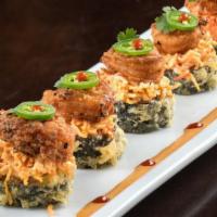 Chili Shrimp Roll · Krab† and cream cheese rolled and lightly tempura battered, topped with spicy krab† mix, cri...