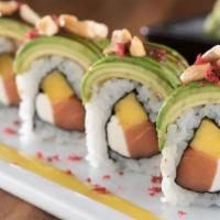 Crazy Monkey Roll* · Smoked salmon, mango and cream cheese rolled and topped with avocado, red tempura bits and s...